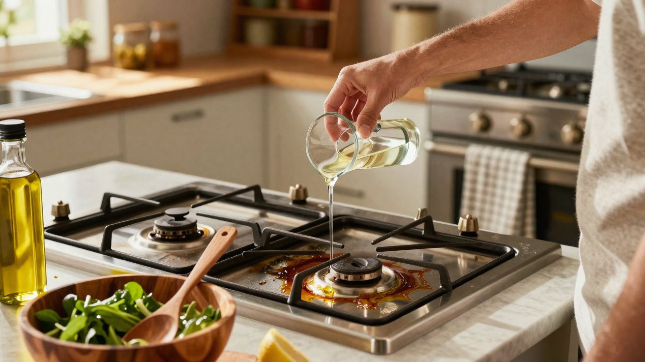 Pessoa despejando óleo em fogão a gás em cozinha iluminada, com salada e limão na bancada.