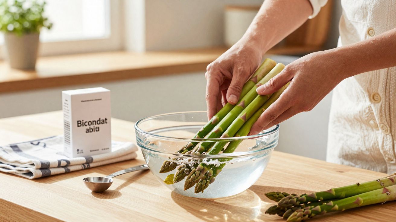 Mãos colocando aspargos em uma tigela de vidro com água sobre mesa de madeira iluminada pela luz natural.