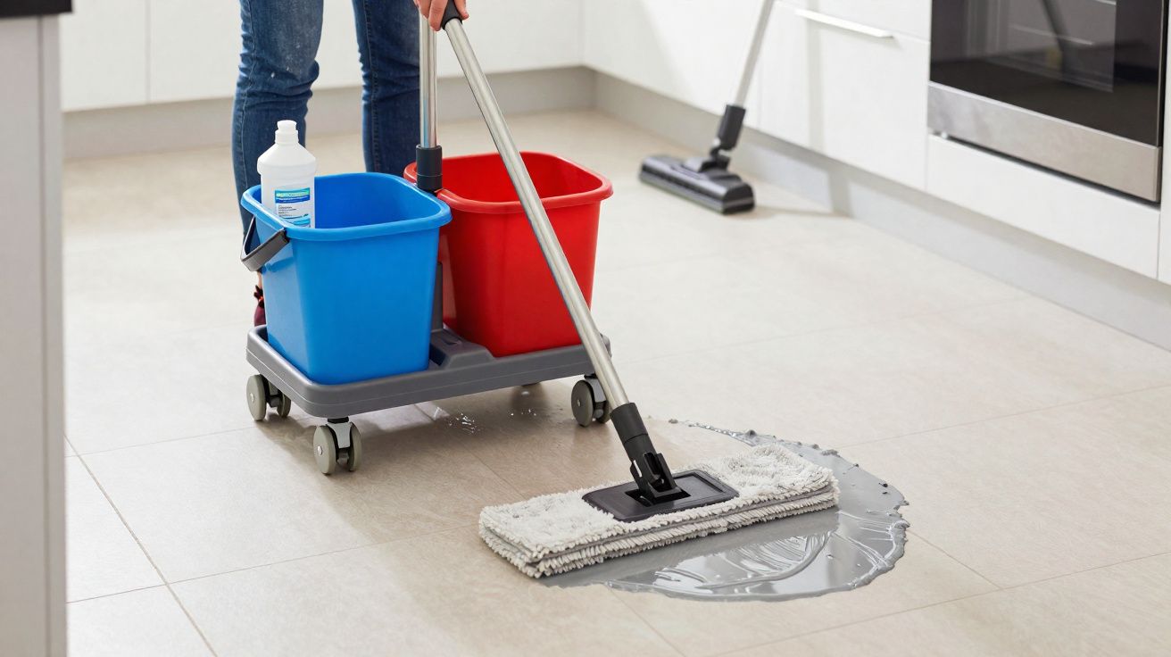 Pessoa limpando o chão de uma cozinha com esfregão úmido e baldes azul e vermelho em suporte com rodinhas.