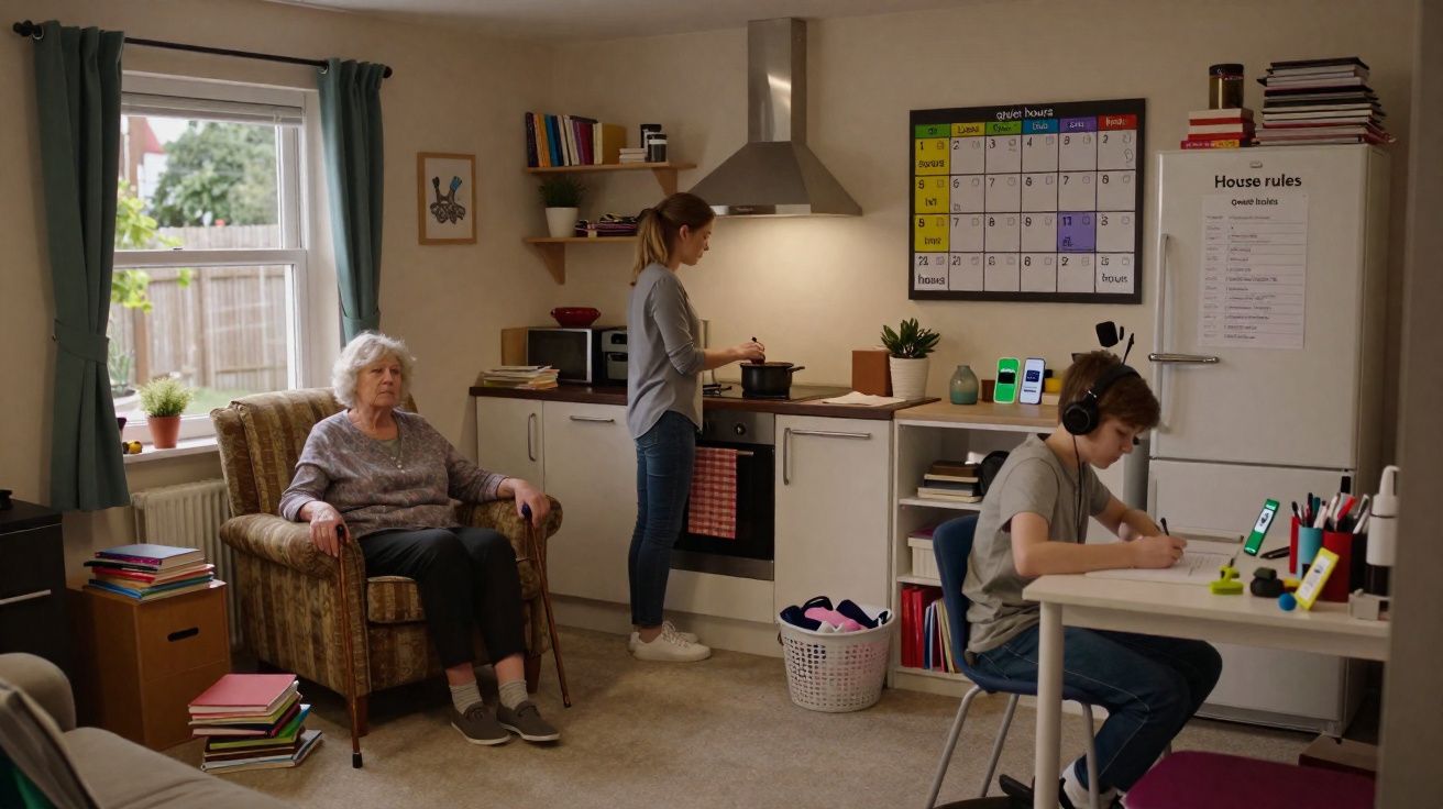 Sala integrada com uma idosa sentada, jovem cozinhando e criança estudando com fones de ouvido.