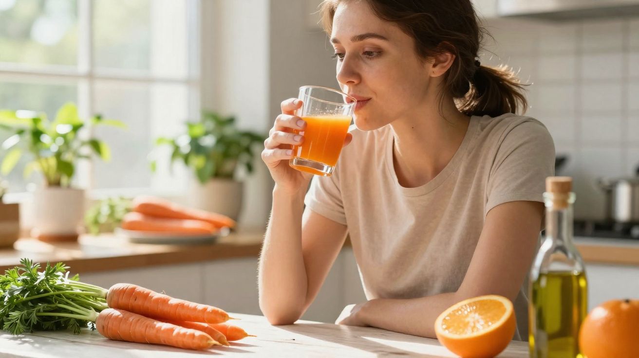 Mulher tomando suco de cenoura em cozinha iluminada, com cenouras e laranja sobre a mesa.
