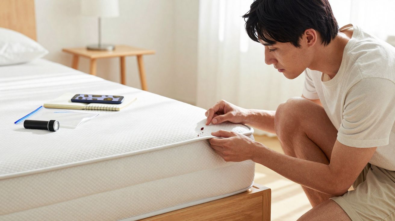Homem observando e analisando vermelhidão ou manchas na borda de um colchão branco em quarto iluminado.