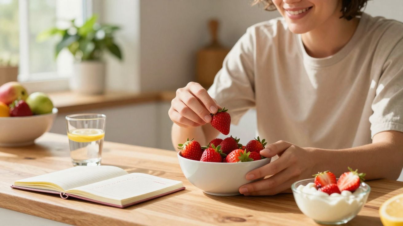 Pessoa sorrindo segurando morango em tigela na cozinha com livro aberto e copo d'água com limão.