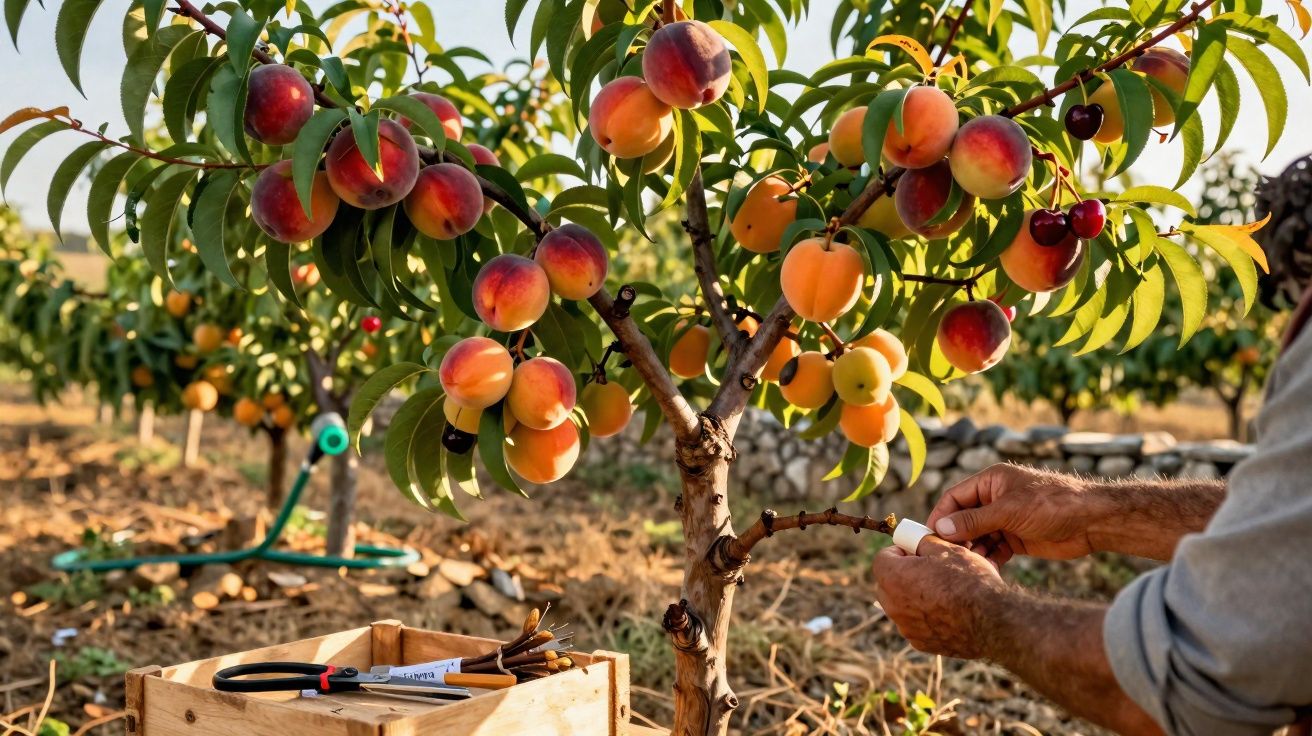 Mãos cuidando de pé de pêssego com frutas maduras em pomar ao ar livre e caixa de ferramentas ao lado.