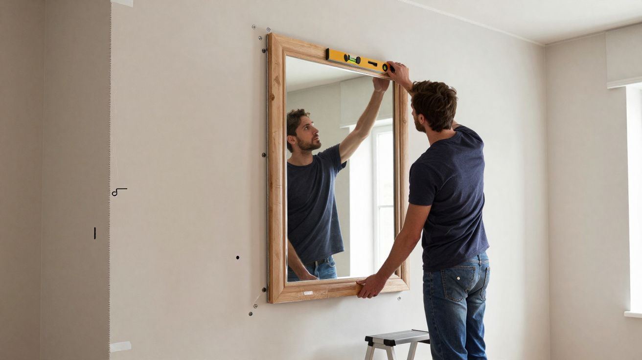 Homem mede a horizontalidade de espelho com nível enquanto o pendura na parede branca.