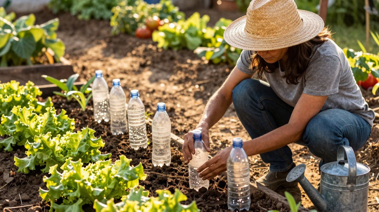 Mulher com chapéu regando hortaliças usando garrafas plásticas em horta ao ar livre.