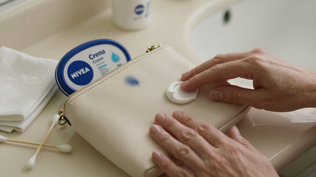 Mãos aplicando creme para remover mancha azul de caneta em bolsa bege sobre pia branca.
