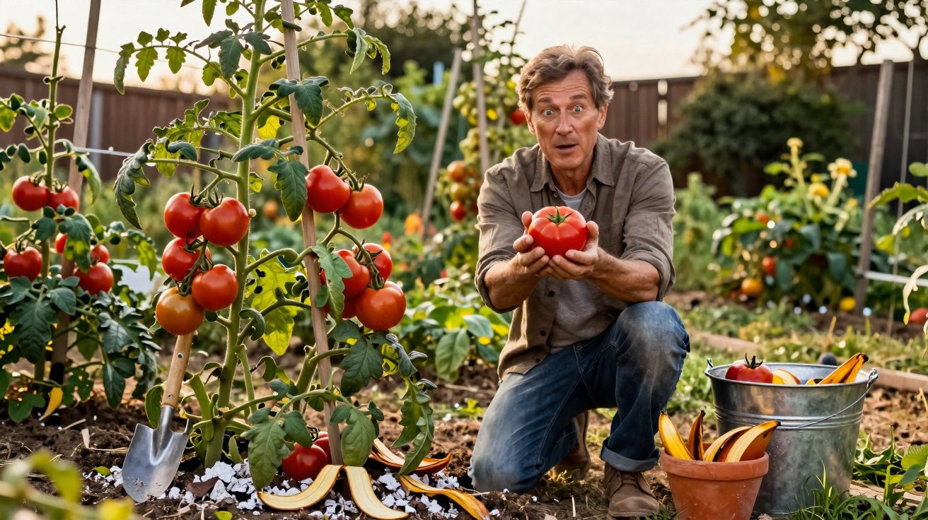 Homem agachado segurando tomate maduro em horta caseira com plantas e legumes ao redor.