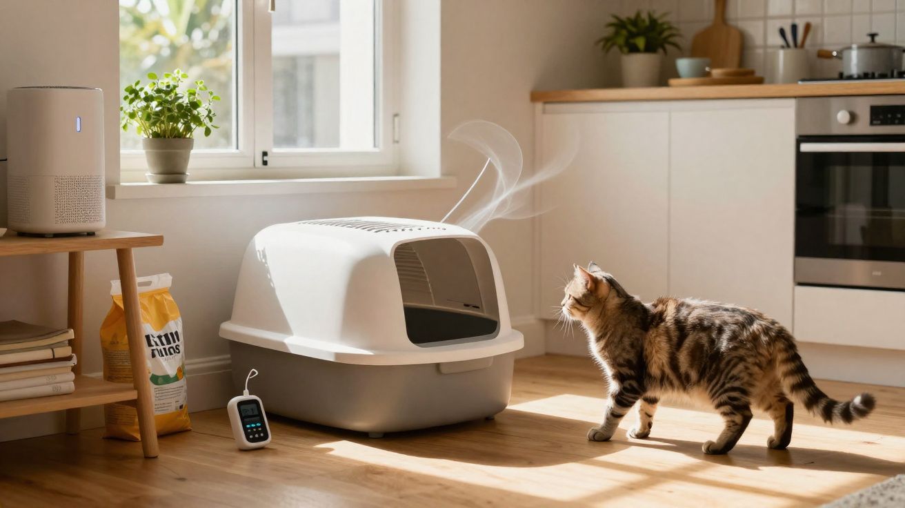 Gato olhando para caixa de areia com vapores em cozinha iluminada pelo sol.