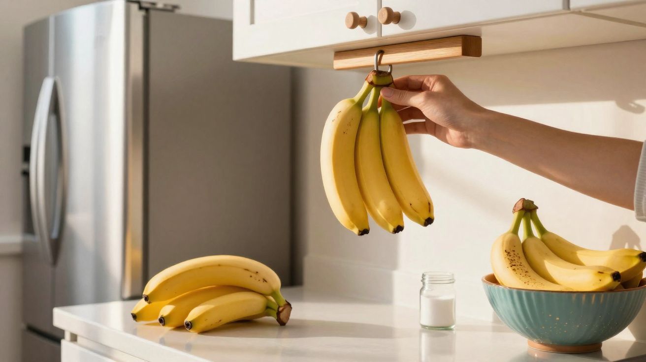 Mão pendurando cachos de bananas em suporte sob armário de cozinha branco com mais bananas na bancada.