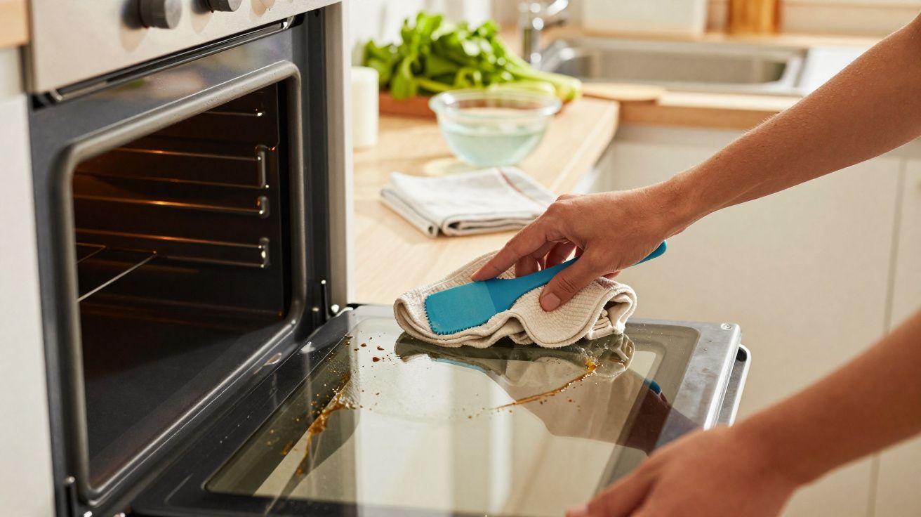 Pessoa limpando a porta de vidro suja de um forno com um pano azul na cozinha.
