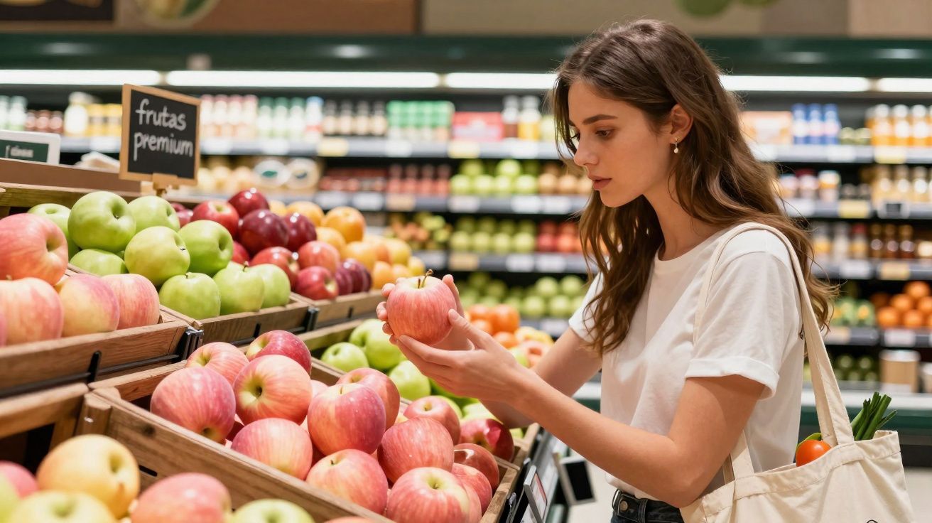 Mulher com camisa branca segurando uma maçã em seção de frutas premium no supermercado.