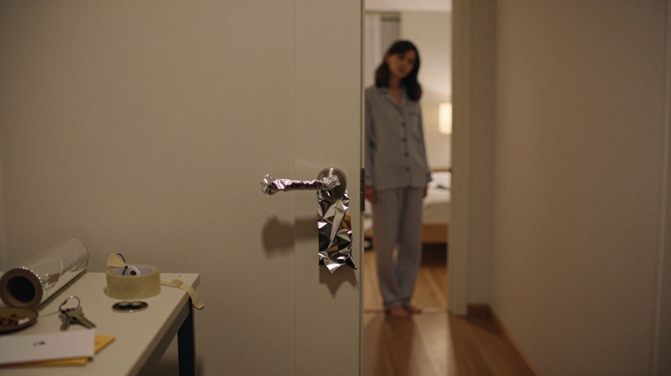 Porta fechada com maçaneta coberta por papel alumínio, mulher em pijama ao fundo em um corredor.