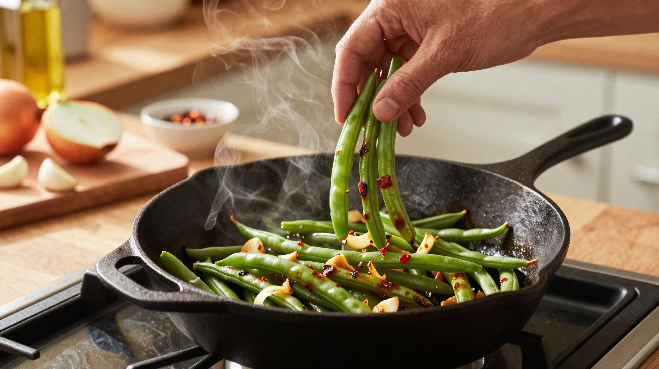 Mão colocando vagem em frigideira com alho e pimenta, cozinhando no fogão.