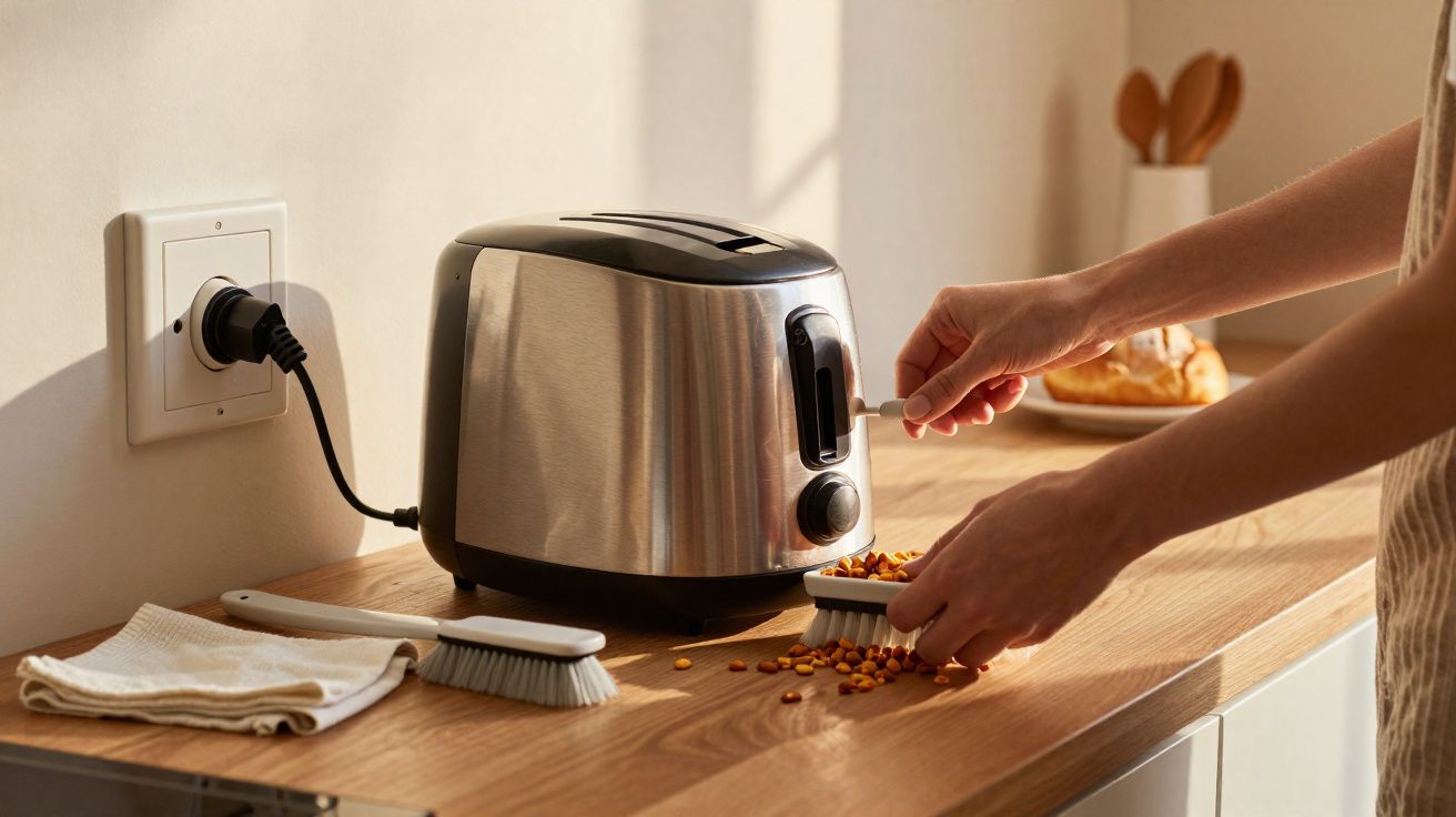Pessoa limpando migalhas de pão em bancada com escova próxima a uma torradeira inox ligada à tomada.