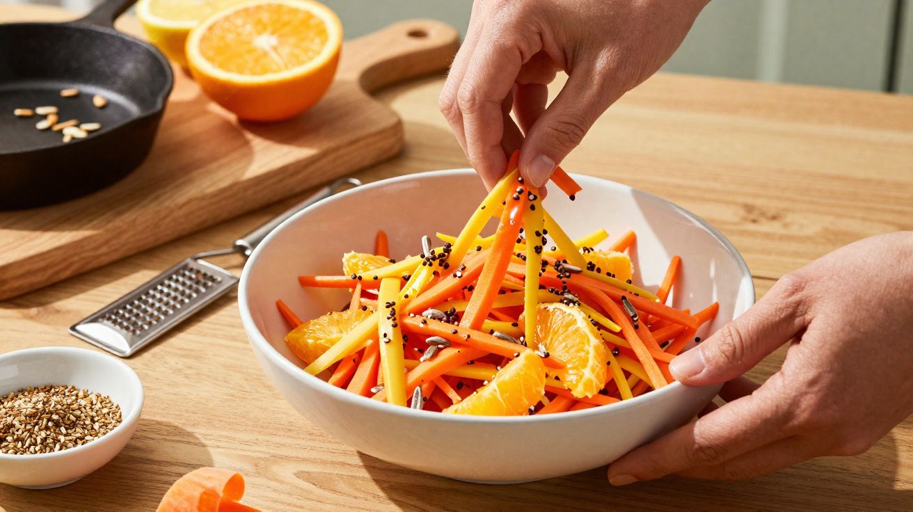 Mãos preparando salada de cenoura, manga, laranja e gergelim preto em tigela branca sobre mesa de madeira.