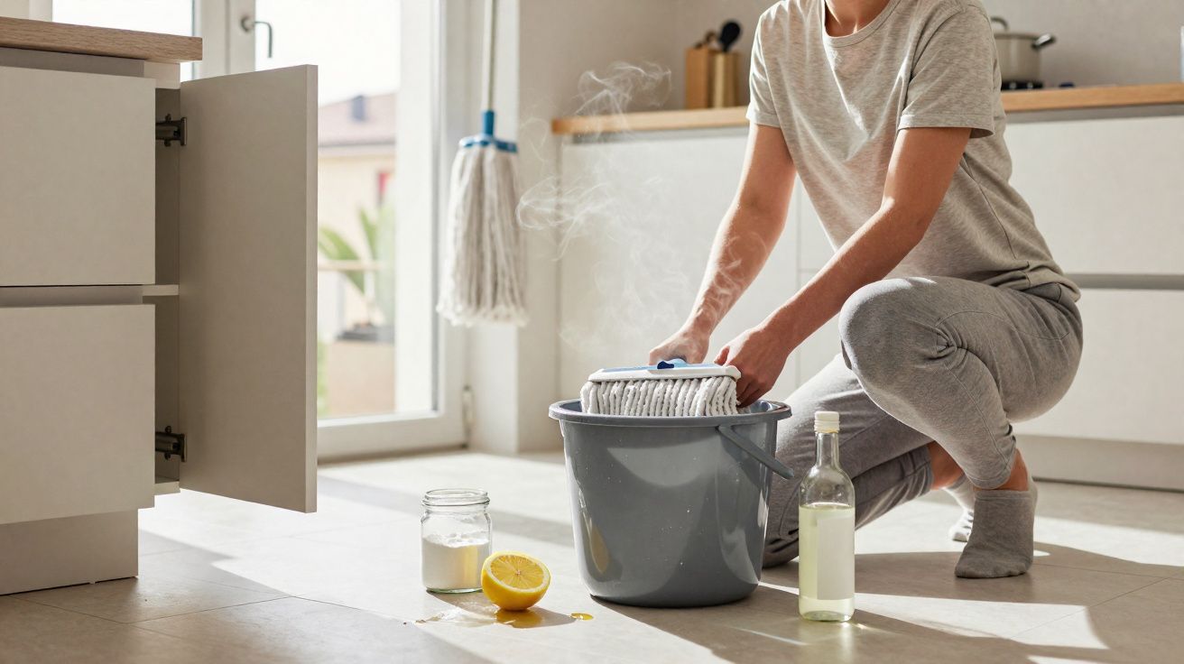 Pessoa usando esfregão com água quente para limpar o chão de uma cozinha clara e arejada.