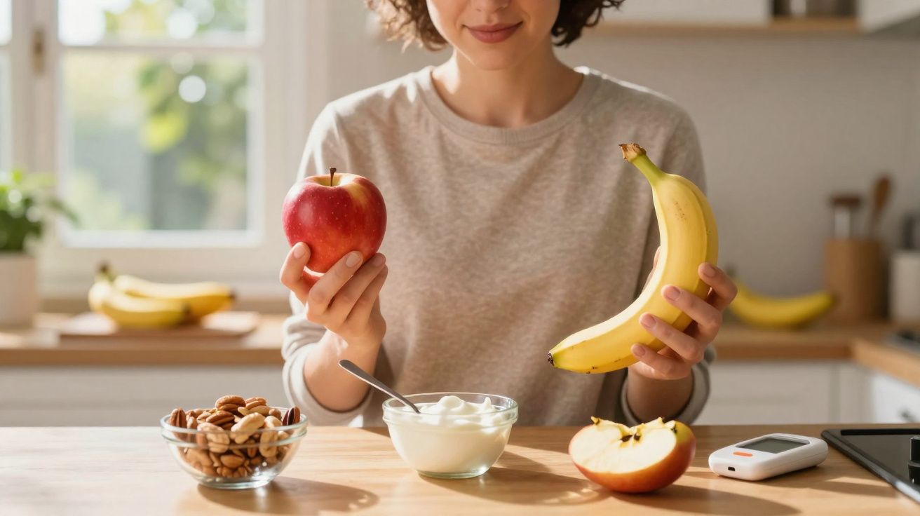 Mulher segurando maçã e banana com iogurte, castanhas e monitor de glicose na mesa da cozinha.