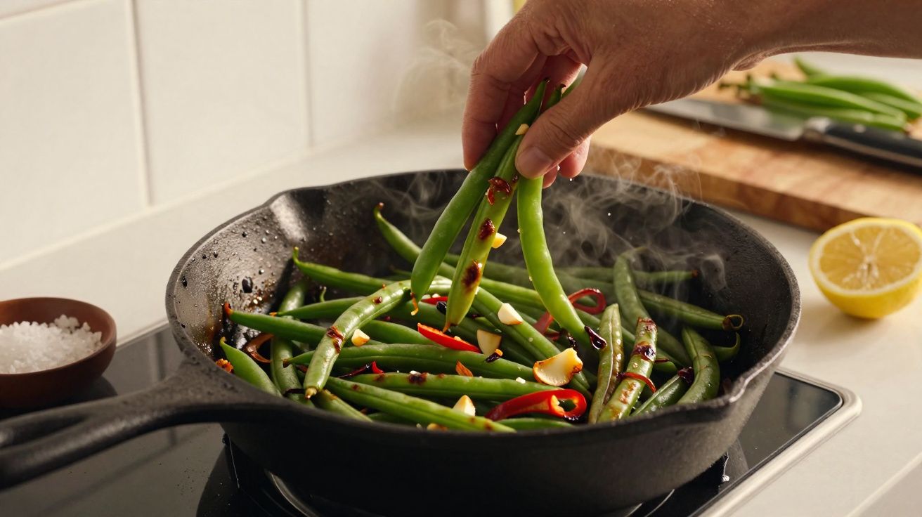 Mão segurando vagem verde sobre frigideira com vagens, alho e pimenta vermelha sendo refogados na cozinha.