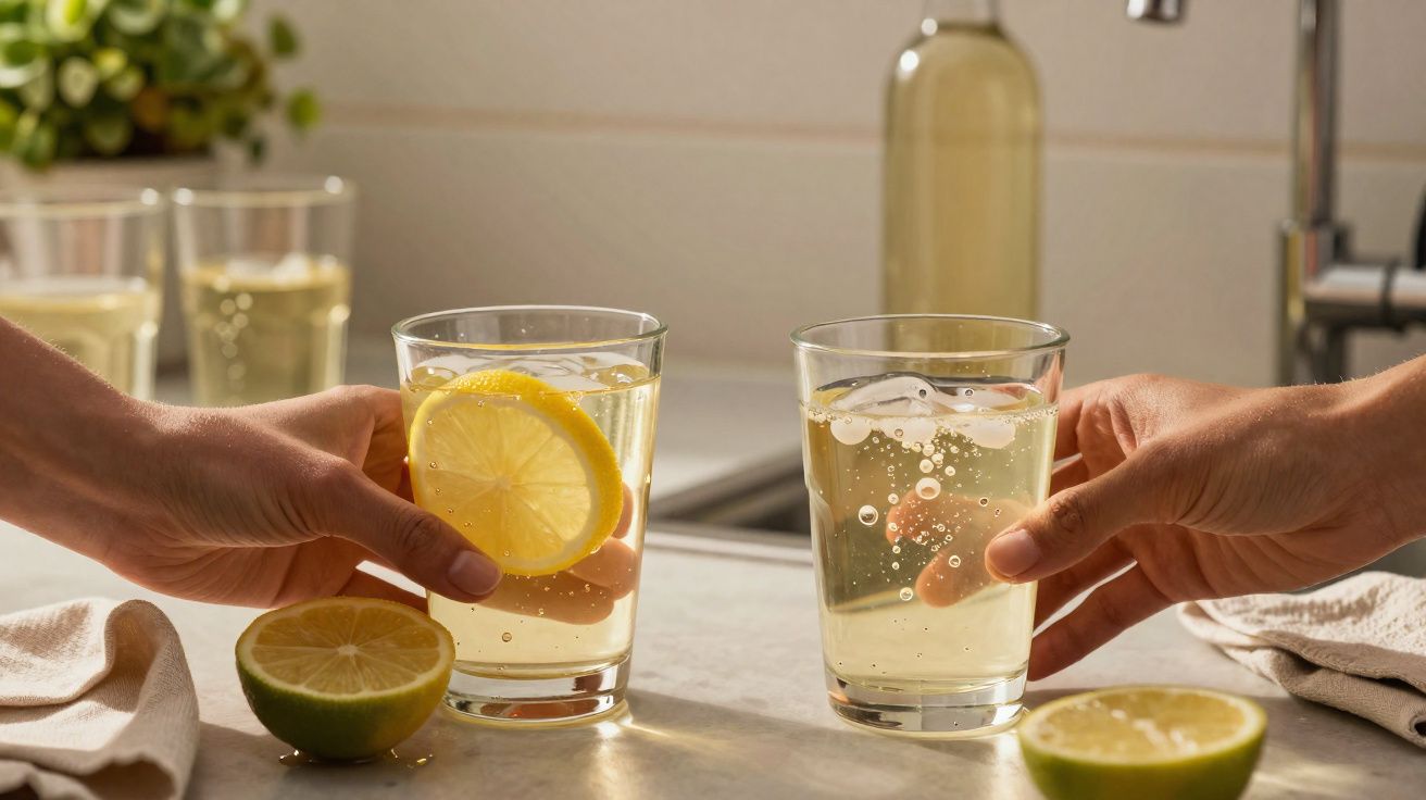 Duas mãos seguram copos com água com gás e fatias de limão em bancada de cozinha.