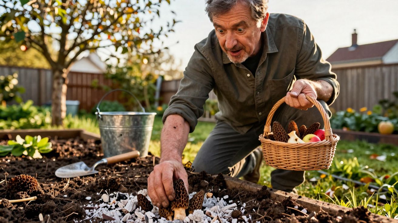 Homem colhendo cogumelos morchella em jardim com cesta e regador ao fundo.
