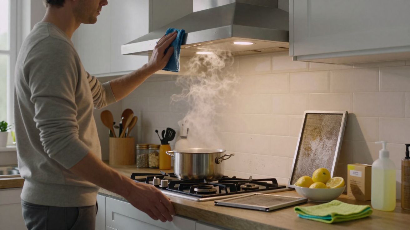 Homem limpando coifa em cozinha enquanto panela produz vapor no fogão a gás.