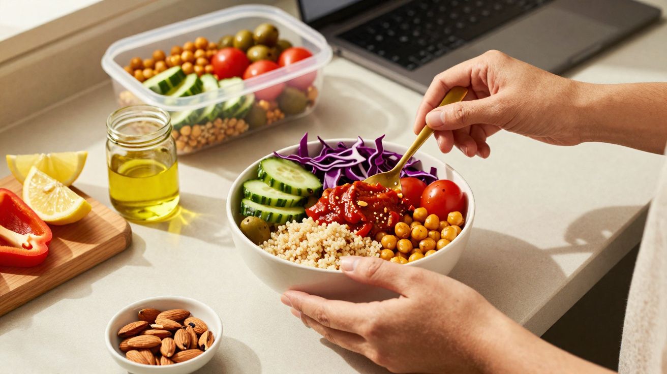 Pessoa preparando salada com grão-de-bico, quinoa, tomate, pepino, repolho roxo e molho em tigela branca.