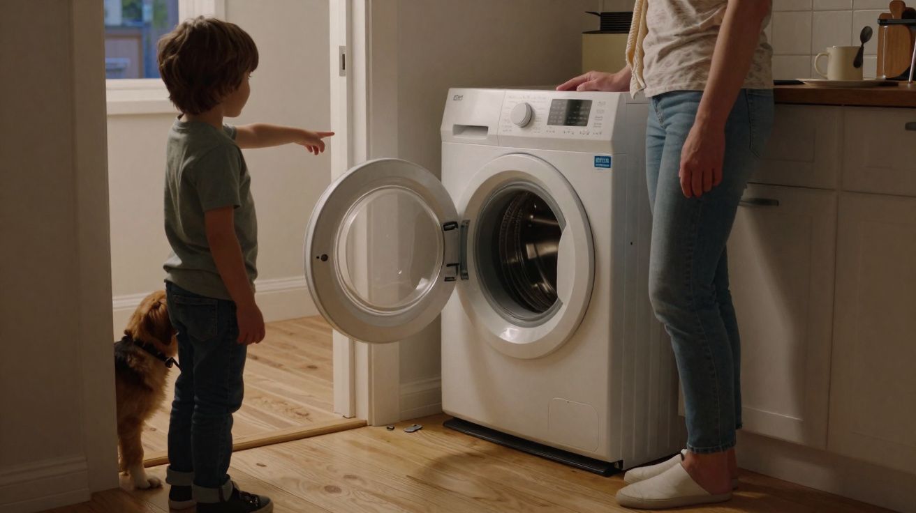 Criança aponta para máquina de lavar roupa aberta enquanto adulto está ao lado e cachorro observa.