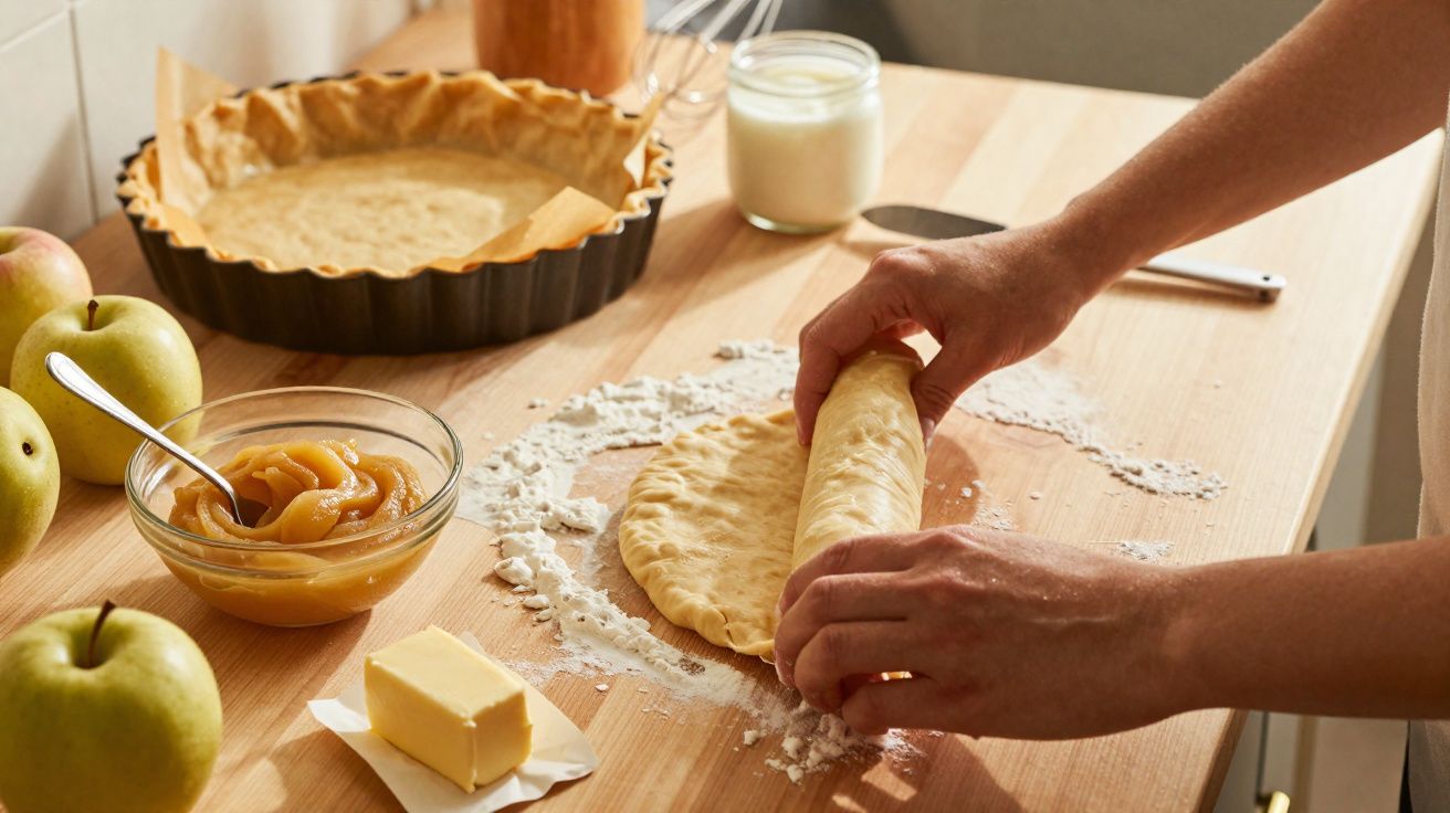 Pessoa enrolando massa sobre bancada com maçãs, manteiga, massa já assada e purê de maçã ao lado.