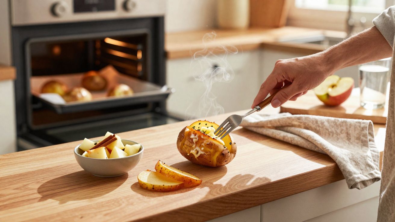 Mão segurando garfo em batata assada quente com queijo, ao lado de fatias e pedaços de maçã na bancada.