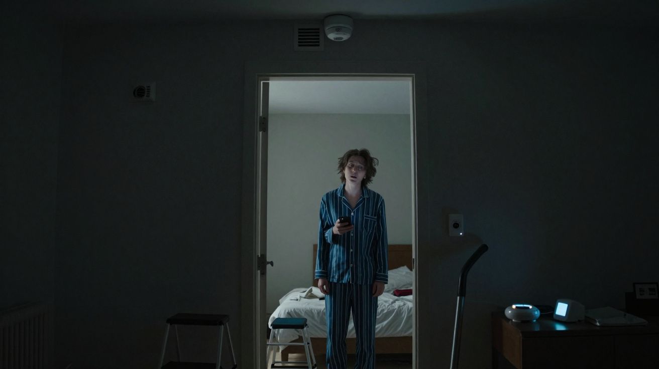 Pessoa com pijama listrado em pé na porta de um quarto escuro, segurando um celular, com cama ao fundo.