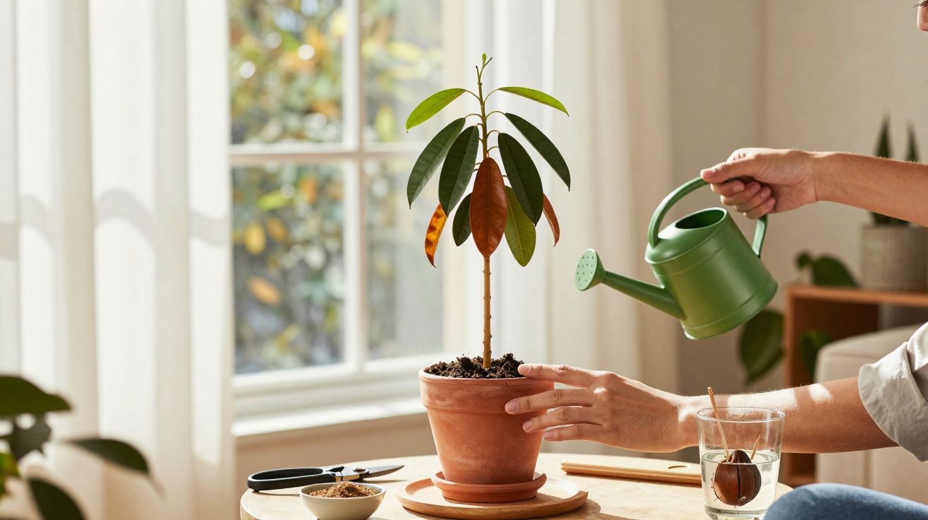 Pessoa regando muda de planta em vaso de cerâmica sobre mesa em ambiente interno iluminado.