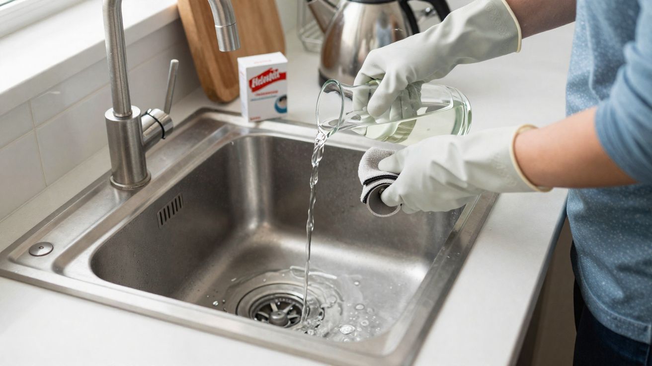 Pessoa lavando copo com água em pia de cozinha usando luvas de borracha brancas