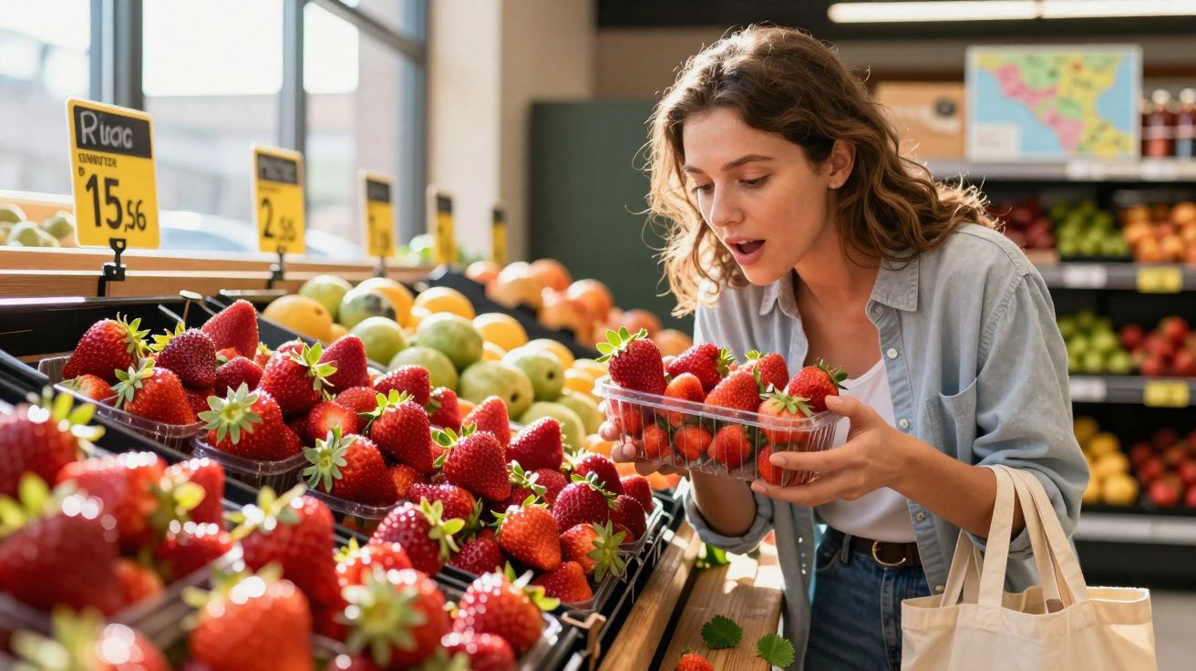 Mulher observando morangos frescos em embalagem na seção de frutas de supermercado.