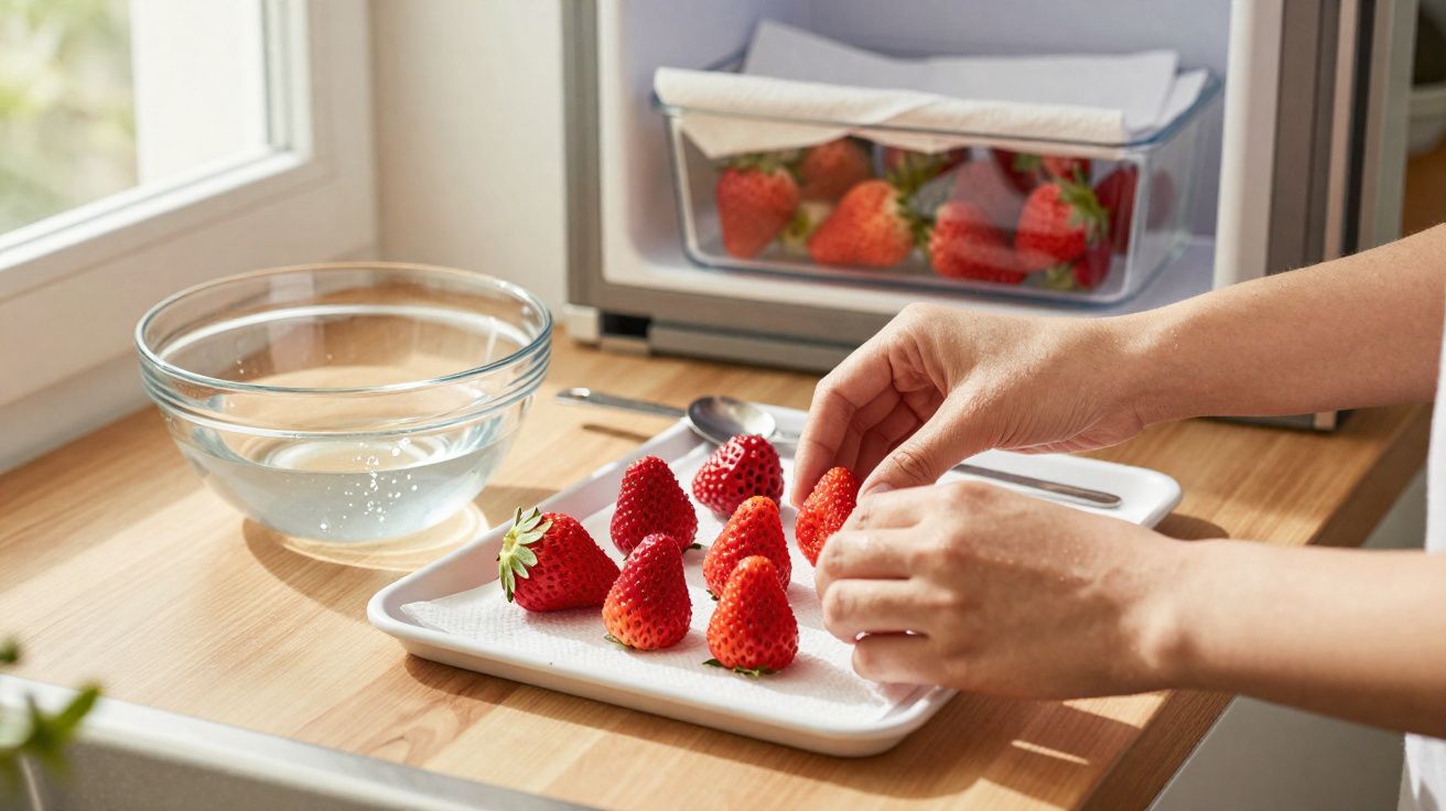 Mãos organizando morangos em um prato sobre mesa, com tigela de água e morangos na geladeira ao fundo.