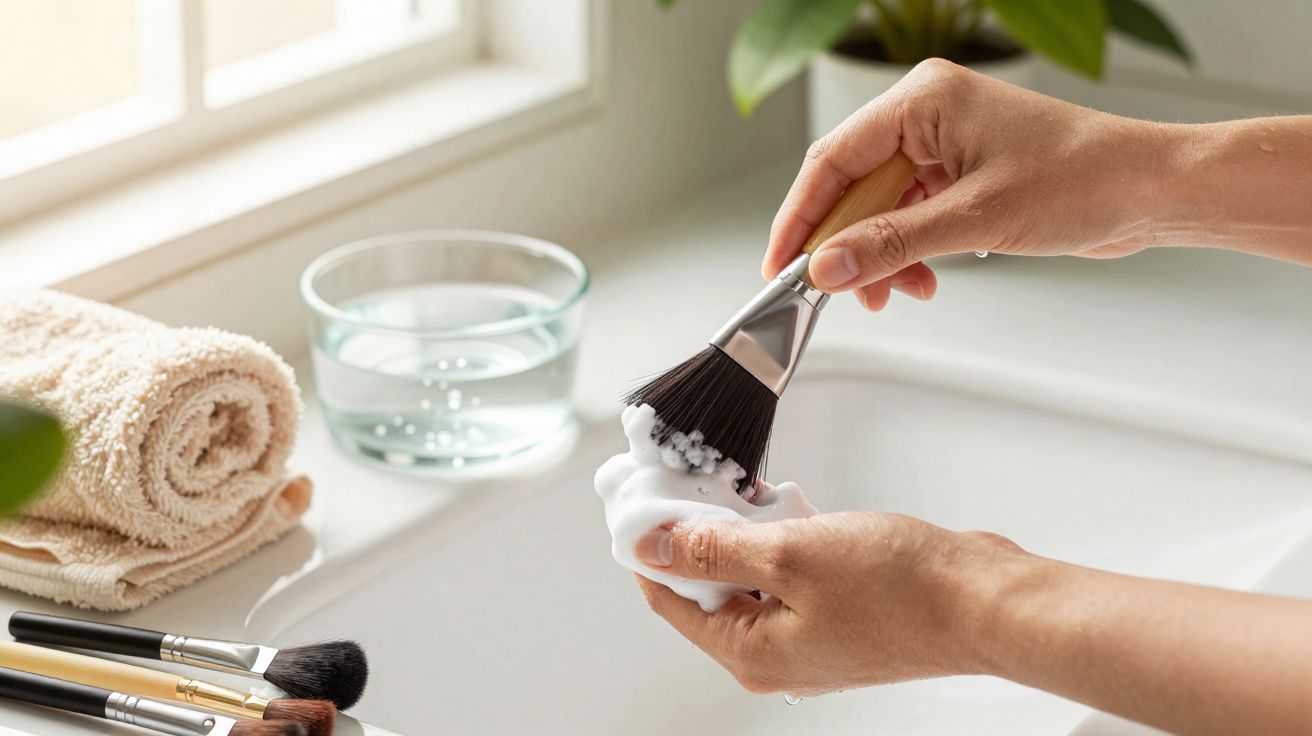 Pessoa limpando pincel de maquiagem com espuma branca em pia iluminada por janela.