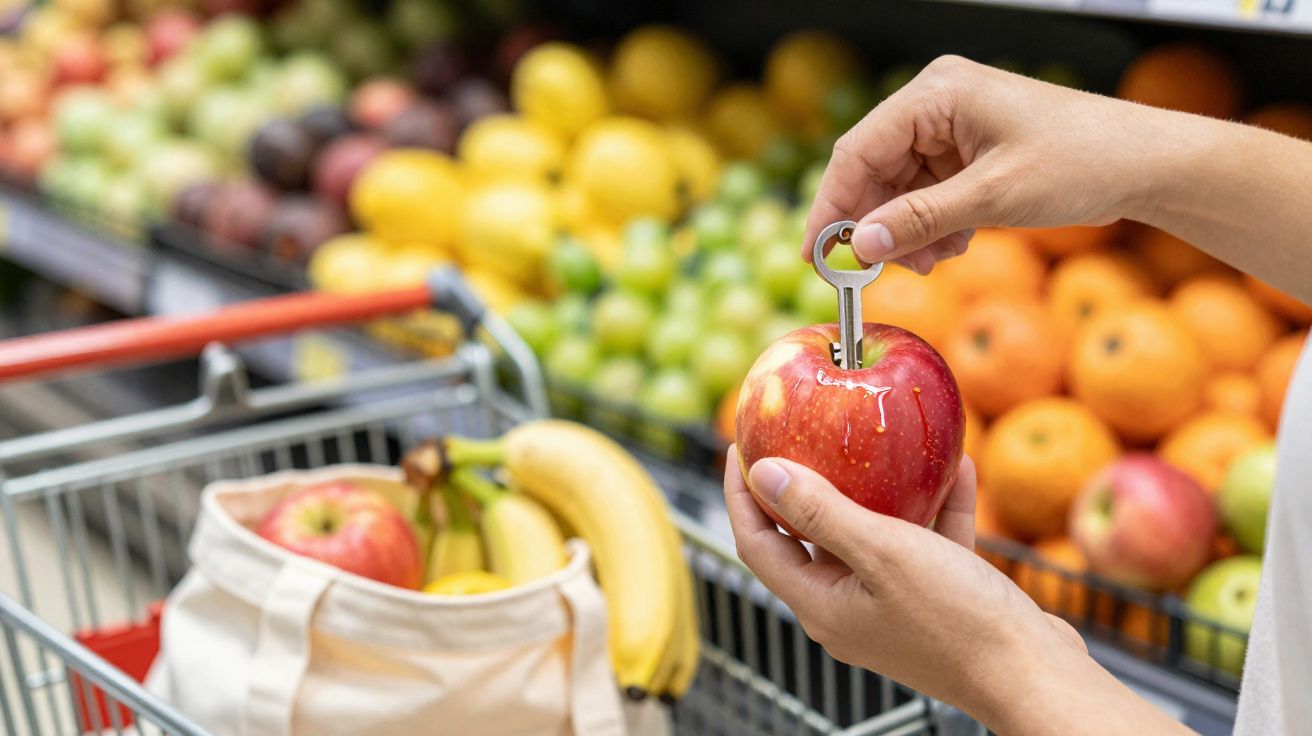 Pessoa segurando maçã vermelha com chave inserida, carrinho de compras e frutas ao fundo em supermercado.