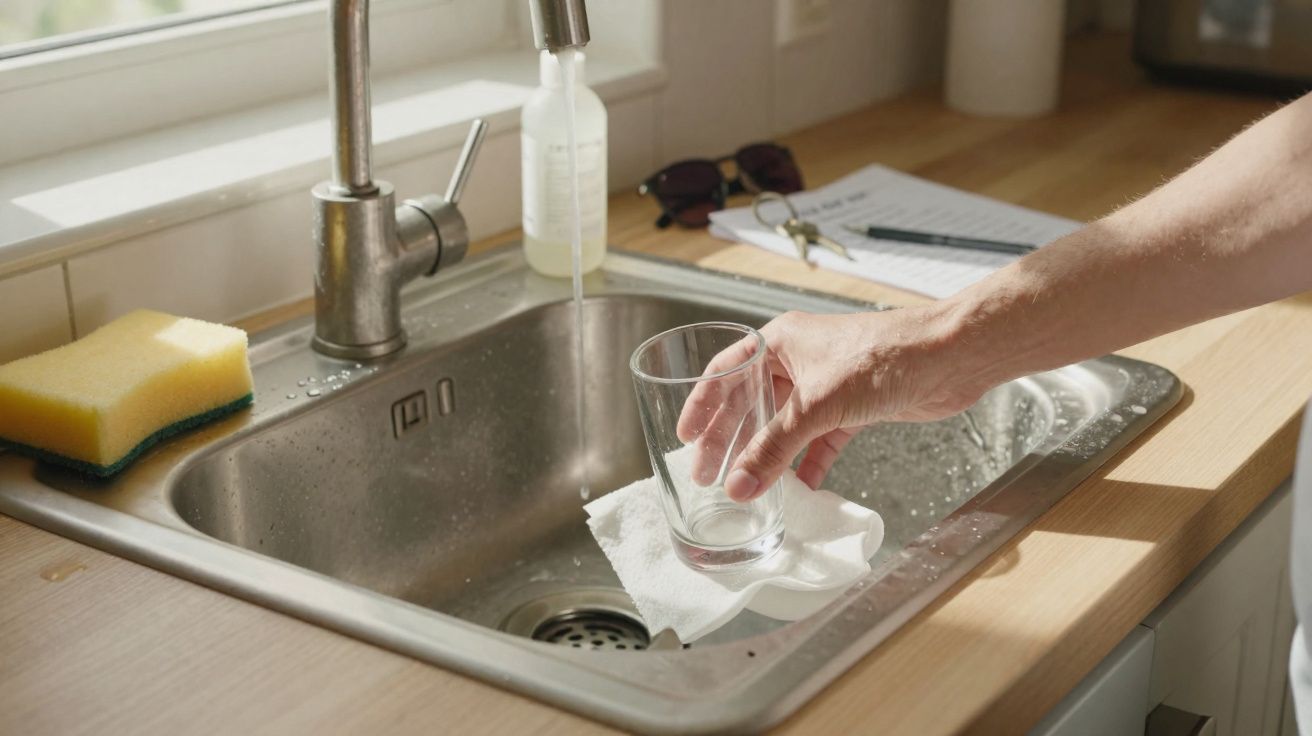 Pessoa lavando um copo de vidro em pia de cozinha com torneira aberta e esponja ao lado.
