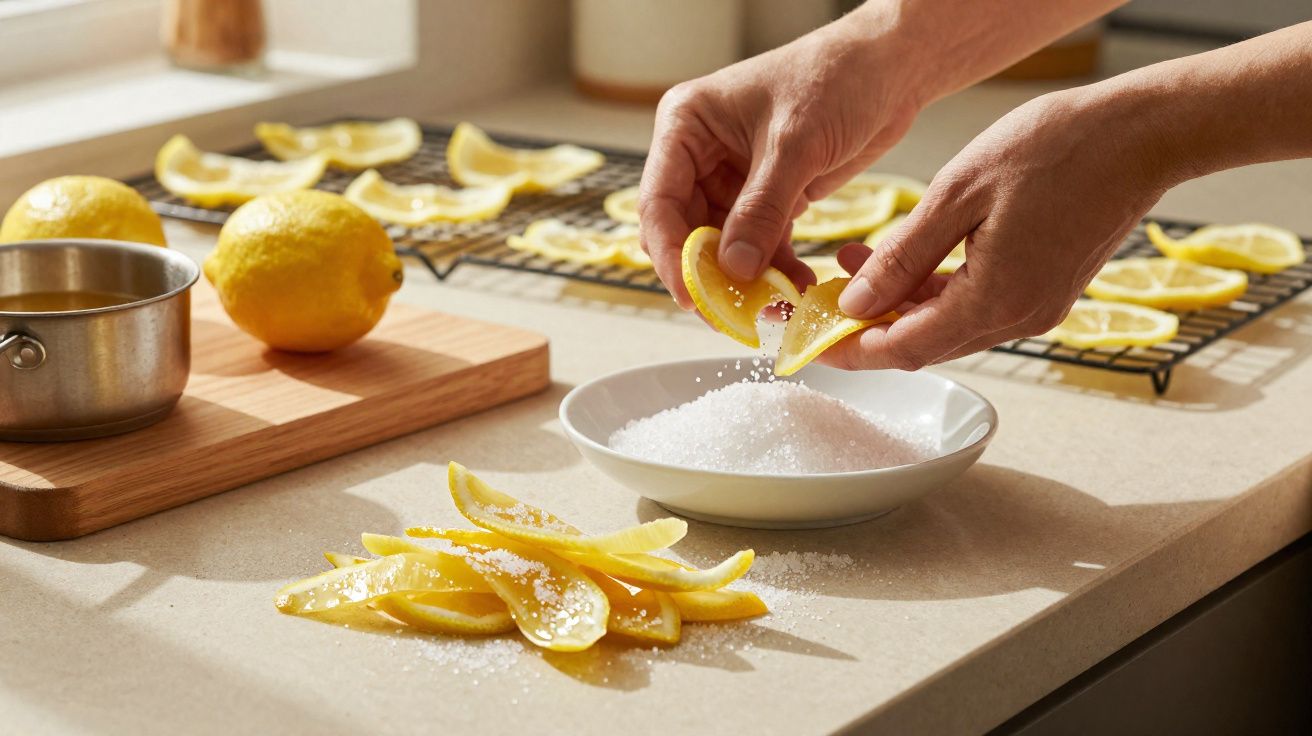 Mãos polvilhando fatias de limão com sal em bancada de cozinha iluminada pela luz natural.