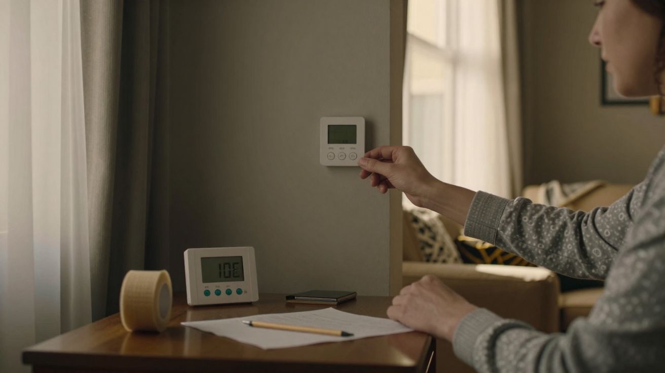 Pessoa ajustando termostato na parede ao lado de mesa com papéis, lápis, fita adesiva e monitor digital.