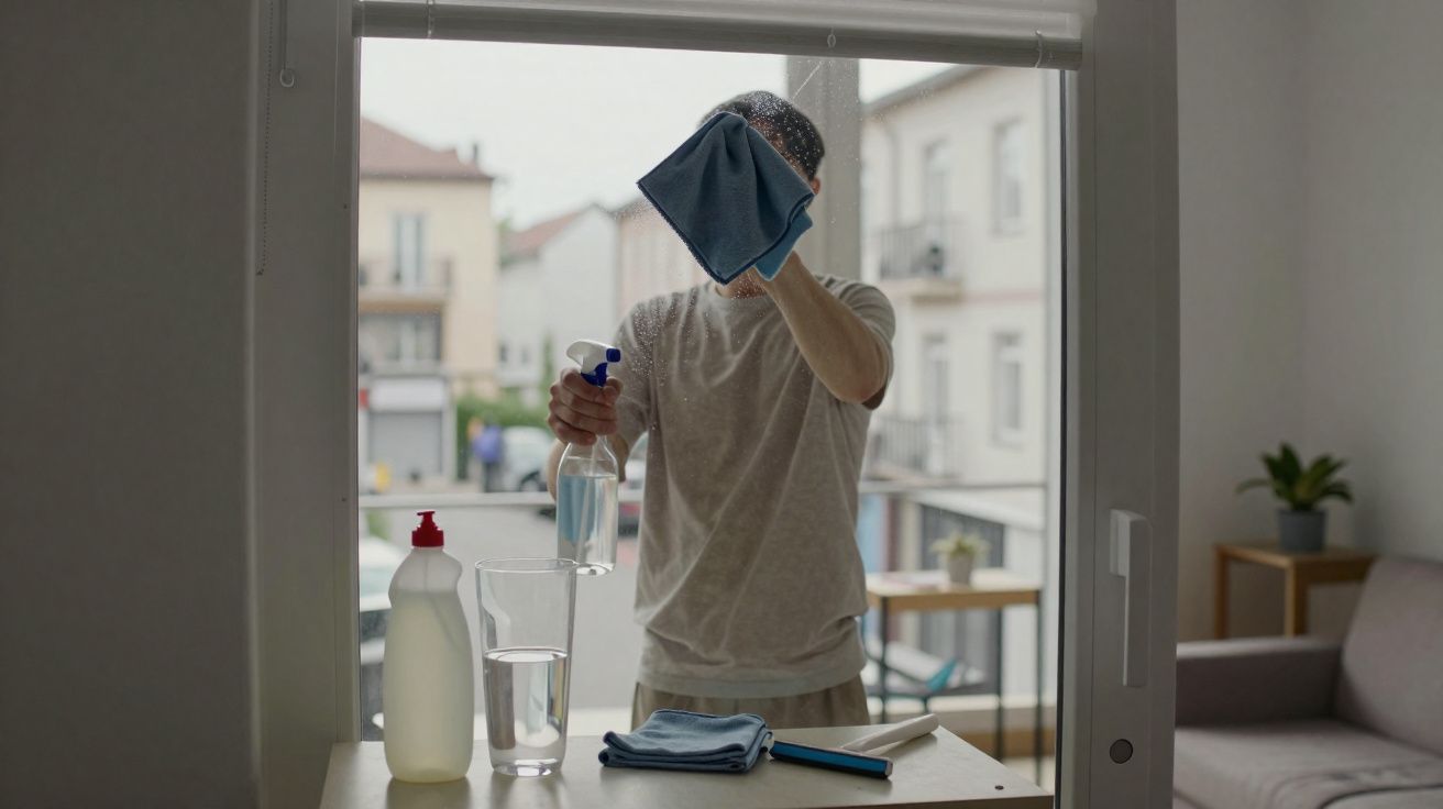 Pessoa limpando janela de vidro com pano e borrifador em ambiente residencial.