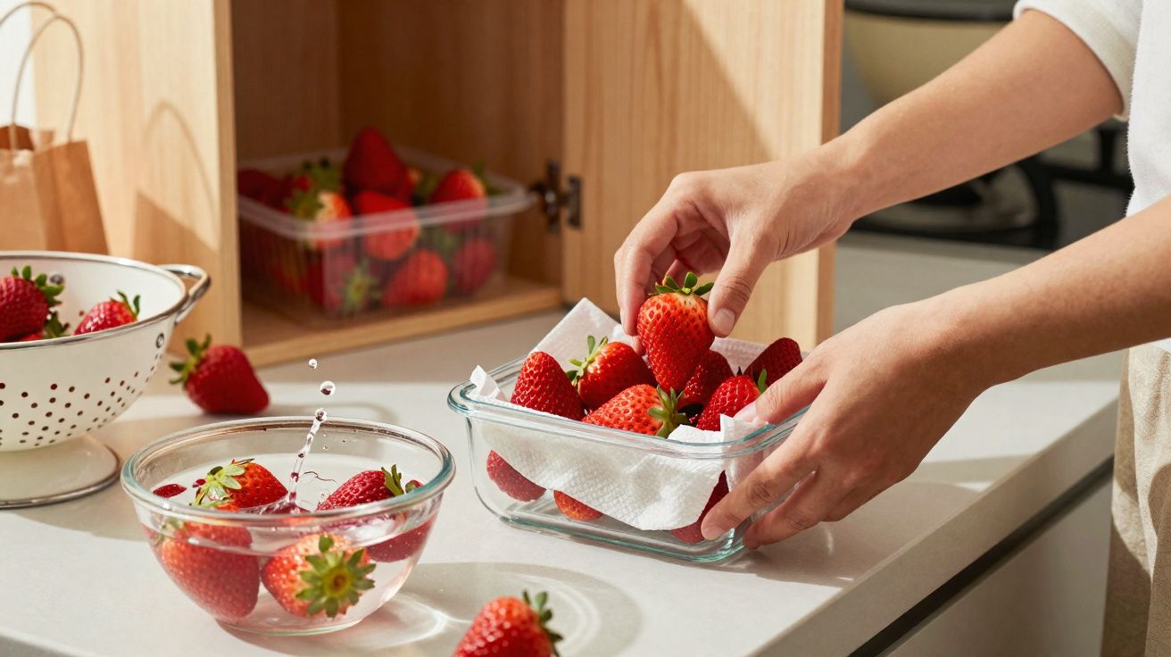 Pessoa lavando morangos e colocando-os em um recipiente de vidro na cozinha.