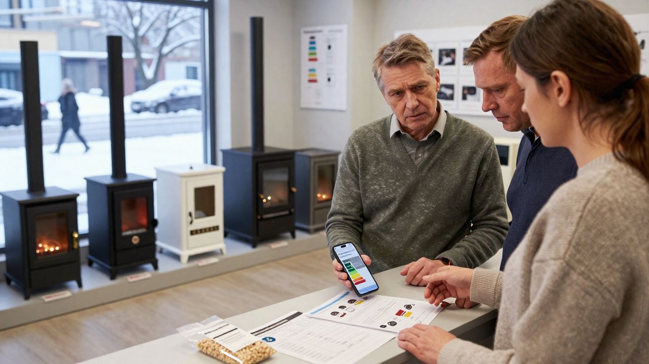 Homem mostra celular para casal em loja de lareiras modernas enquanto analisam folhetos na mesa.