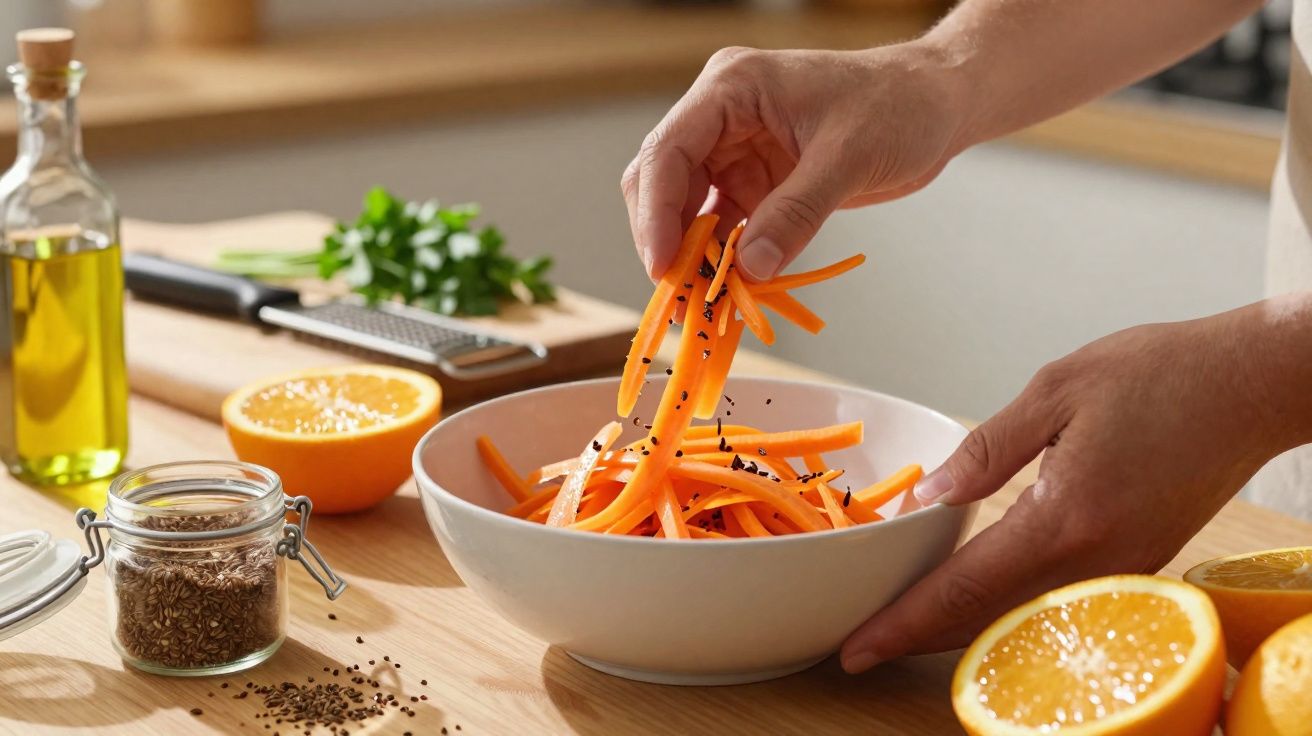 Mãos temperando palitos de cenoura em tigela branca com sementes e laranjas sobre balcão de cozinha.