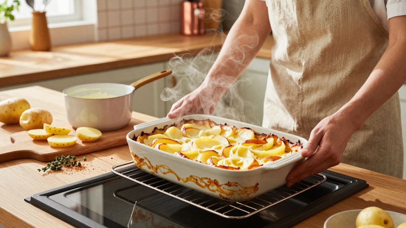 Pessoa retirando lasanha fumegante de batata do forno em cozinha iluminada.
