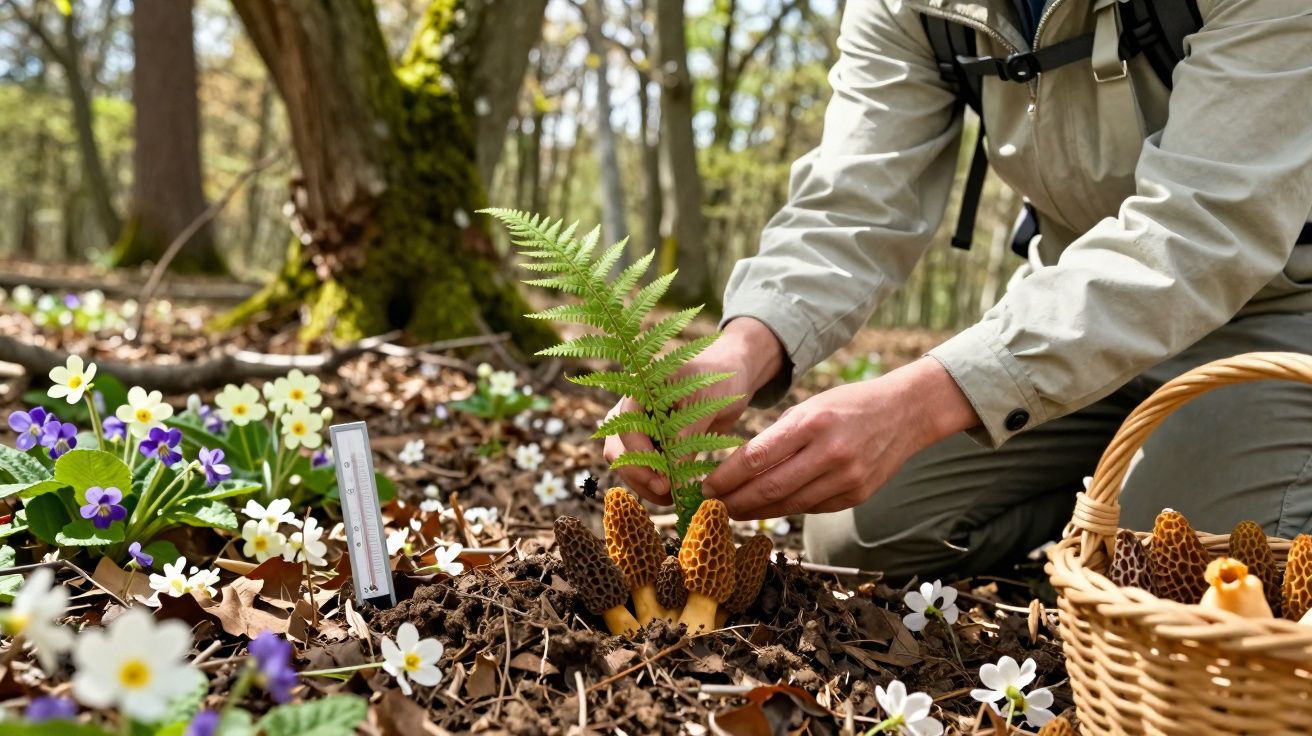 Pessoa colhendo cogumelos amarelos com textura porosa em floresta com flores brancas e roxas ao redor.