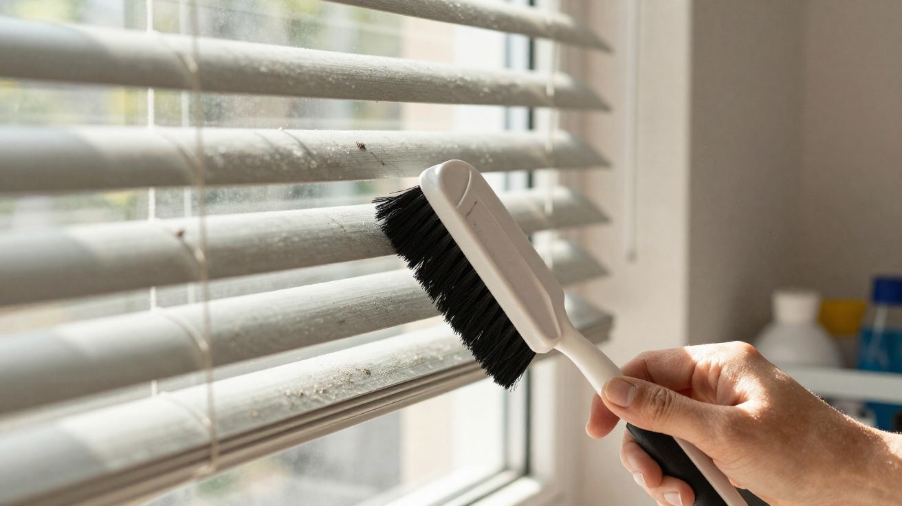 Mão segurando escova branca limpando persiana suja em janela com luz natural.
