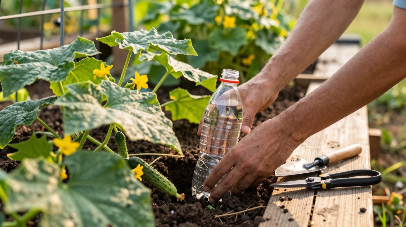 Mãos colocando uma garrafa plástica com furos ao lado de plantas de pepino floridas em canteiro de jardim.