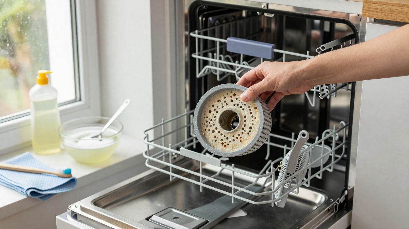 Pessoa retirando peça suja do filtro de lava-louças aberto na cozinha.