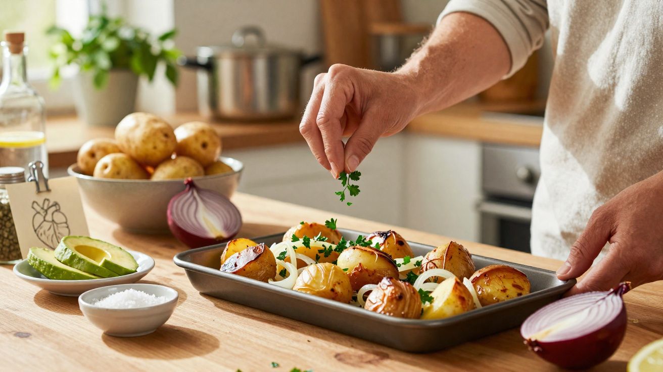 Pessoa temperando batatas assadas com cebola e ervas frescas em uma cozinha iluminada.
